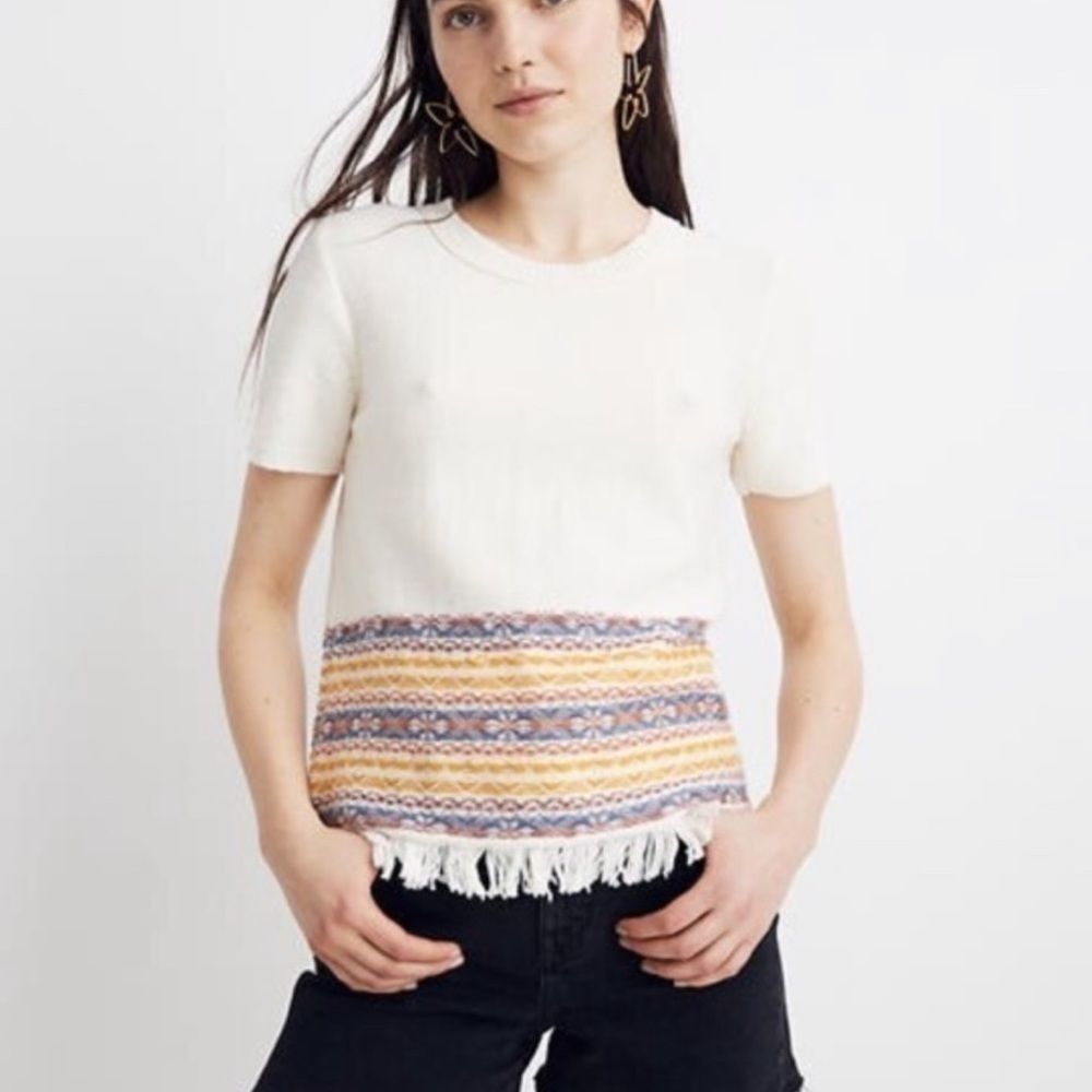 Madewell Pearl Ivory Fringe Jacquard Sweater Tee